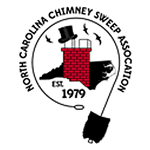 Logo that has north carolina with chimney and top hat logo that reads north carolina chimney sweep assocaition